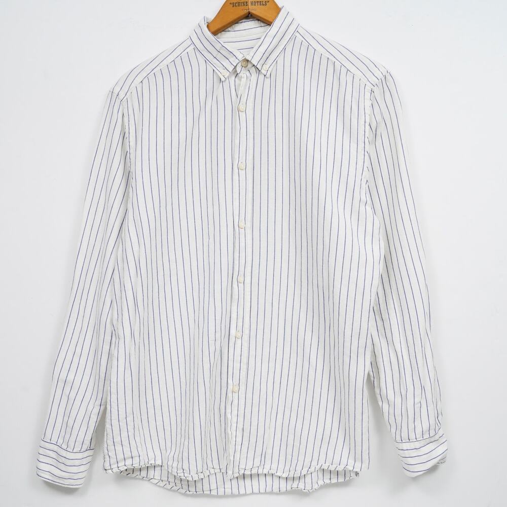 Zara Relaxed Fit Linen Blend Blue Stripe Button-Up Shirt Men's M